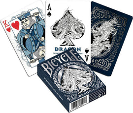 Bicycle Dragon Card Deck featuring intricately designed playing cards, including a King of Hearts and an Ace of Spades, along with an ornate box showcasing a dragon illustration.