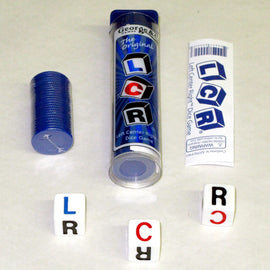 The original LCR (Left Center Right) dice game by Koplow Games. The set includes a tube containing dice marked with L, C, and R letters and a stack of blue poker chips. Ideal for family game nights.