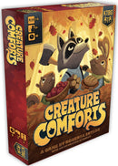 Creature Comforts board game box featuring a whimsical illustration of a raccoon and a rabbit collecting autumn fruits and nuts. The design highlights a cozy forest setting with colorful leaves, inviting players to enjoy a fun gaming experience. Suitable for 2-5 players, ages 8 and up, with an estimated playtime of 45 minutes.