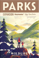 Parks - Wildlife Expansion game box featuring a beautiful illustration of two hikers observing a scenic landscape filled with mountains and trees. The title 'Parks' prominently displayed at the top, with 'Wildlife Expansion' and 'Keymaster Games' beneath. Vibrant colors and an adventurous theme evoke the beauty of nature.