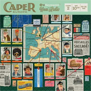 The game 'Caper Europe' by Keymaster Games features a colorful board with a map of Europe surrounded by character cards and newspaper clippings. It is designed for 2 players aged 10 and up, and offers a strategic experience lasting 25 to 35 minutes. The artwork showcases a variety of characters, enhancing the game's thematic elements.