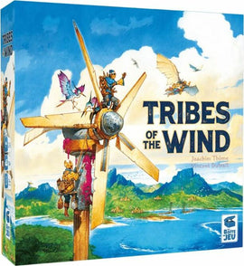 The game 'Tribes of the Wind' features vibrant artwork depicting explorers on a windmill. Colorful birds soar above a lush landscape with mountains and a body of water in the background. The game box highlights the title prominently, surrounded by exciting imagery.