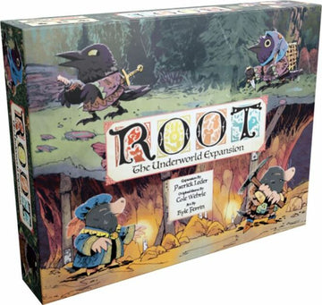 The Root: The Underworld Expansion box features whimsical illustrations of animal characters in a forest setting, showcasing vibrant colors and playful designs. The title prominently displays 'ROOT' with colorful letters above the subtitle, which reads 'The Underworld Expansion'. The game is designed for strategic play with new factions and mechanics to enhance your gaming experience.