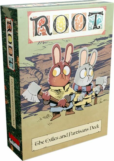 The Exiles and Partisans Deck from the game Root by Leder Games, featuring colorful cartoon-style illustrations of two rabbits dressed in adventurer outfits, each holding an axe. The box has vibrant artwork with the title 'ROOT' prominently displayed at the top.