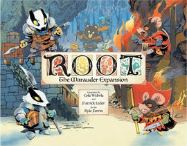Cover art of the Root: The Marauder Expansion board game by Leder Games, featuring colorful woodland creatures engaged in combat. The title 'ROOT' is prominently displayed, along with illustrations of a badger-like warrior and mouse warriors in an adventurous, barbaric setting.