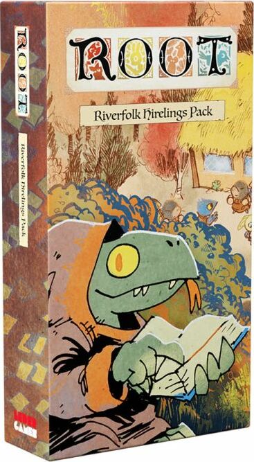 The Root: Riverfolk Hirelings Pack from Leder Games features colorful artwork depicting a friendly reptilian character holding a map amidst a whimsical forest setting. The packaging showcases vibrant illustrations of various creatures and the title prominently displayed at the top. Perfect for enhancing your gameplay experience.