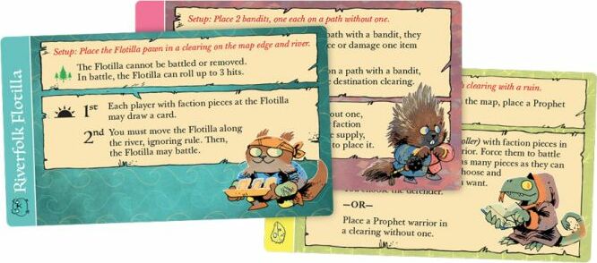 Three cards from the Root: Riverfolk Hirelings Pack game by Leder Games, featuring illustrations of characters and gameplay instructions. The cards detail the setup and actions related to the Riverfolk faction, showcasing cute animal characters and colorful graphics. Each card provides unique game mechanics, enhancing the strategic gameplay experience.