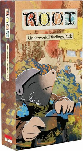 The Root: Underworld Hierlings Pack, featuring colorful artwork showcasing a whimsical character with a shovel surrounded by an enchanted forest landscape. The game box design highlights playful illustrations that invite exploration and strategy.