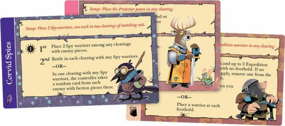 Three cards from the Root: Underworld Hierlings Pac game by Leder Games, featuring game setup instructions and character illustrations. The cards include detailed rules for placing Spy warriors and battling, illustrated with colorful characters like a crowned deer and a clever raven.