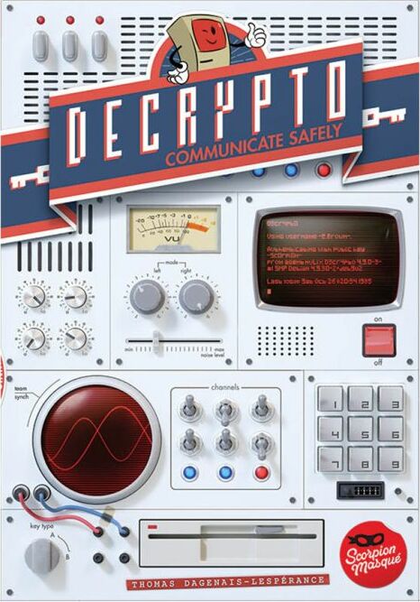 Decrypto game box by Iello features a retro design with buttons, dials, and a digital display. The title is prominently displayed at the top in bold red letters, with the tagline 'Communicate Safely.' The bottom corner displays the publisher's logo.