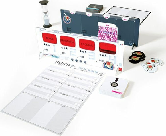 Decrypto game by Iello, showcasing the game's components including a game board with colored categories (BLACK, DRAGONFLY, COCKTAIL), an hourglass timer, and several game cards, all arranged for gameplay. The board features a central area for tracking clues and answers, emphasizing a collaborative and strategic gameplay experience.