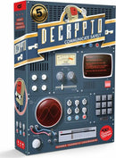 The 5th Anniversary Edition of Decrypto by Scorpion Masqué. The game box features a vintage communication device design with knobs, dials, and a colorful graphic of a character. The title 'DECRYPTO' is prominently displayed along with the tagline 'COMMUNICATE SAFELY.' A red logo indicates the 5th-anniversary celebration. This strategic party game encourages teams to decipher codes while protecting their own.