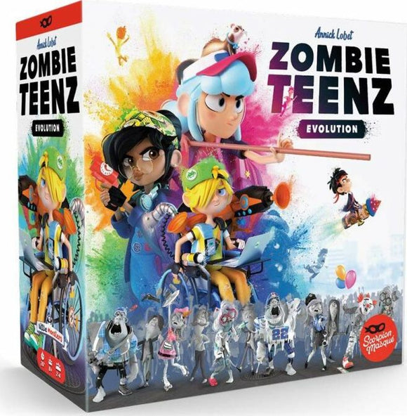 Zombie Teenz Evolution game by Iello features colorful illustrations of diverse zombie teen characters. The box showcases fun, vibrant artwork highlighting the game's playful and engaging theme, designed for ages 14 and up, emphasizing teamwork and strategy.