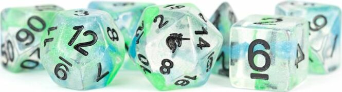 A colorful collection of unicorn-themed resin polyhedral dice made by Metallic Dice Games. The dice feature a blend of translucent blue and green colors with black numerals, designed for tabletop role-playing games.