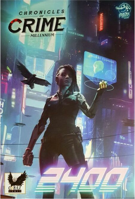 Chronicles of Crime: Millennium game box featuring a futuristic cityscape with a female detective holding an advanced gadget. A crow is in flight, adding a sense of mystery.