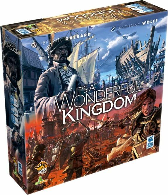 It's a Wonderful Kingdom game from Lucky Duck Games features vibrant artwork depicting an adventurous scene with a ship, characters, and a bustling historic backdrop. The box is colorful and engaging, inviting players to explore the kingdom's thrilling narrative.