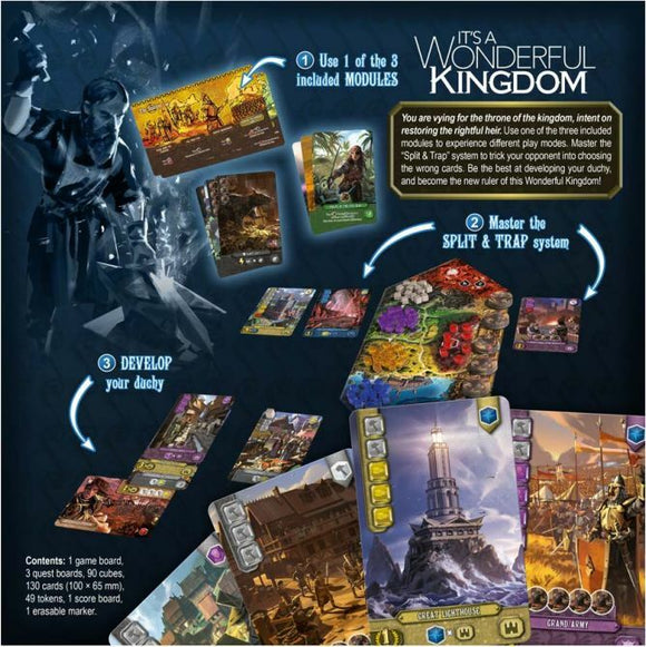 It's a Wonderful Kingdom game by Lucky Duck Games. The image showcases game components including modules, boards, cards, and tokens, illustrating how to play. It highlights strategies like mastering the Split & Trap system and developing your duchy. The game promises immersive gameplay as players vie for the throne.