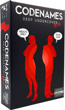 Codenames Deep Undercover 2.0 game box by LARK & CLAM. The packaging features silhouettes of two characters in red against a black background, with the text 'Adults Only' and 'Word Game' prominently displayed. The box is designed for 4-8 players and has a playtime of 15 minutes, featuring an engaging word association theme.