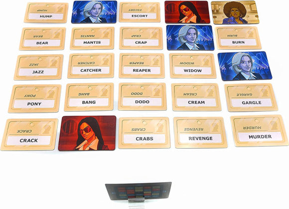 Codenames Deep Undercover 2.0 game components laid out on a table, featuring various character cards and word cards in a grid format, showcasing exciting gameplay elements.