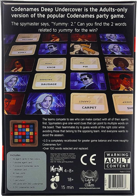 Codenames Deep Undercover 2.0 is an adults-only party game by LARK & CLAM. The graphic shows various codenames on cards and game components including a grid for gameplay, emphasizing strategic word associations. Players take turns guessing words based on clues given by their teammates while aiming to avoid the assassin card. The box includes a playful design and a warning for adult content.