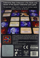 Codenames Deep Undercover 2.0 is an adults-only party game by LARK & CLAM. The graphic shows various codenames on cards and game components including a grid for gameplay, emphasizing strategic word associations. Players take turns guessing words based on clues given by their teammates while aiming to avoid the assassin card. The box includes a playful design and a warning for adult content.