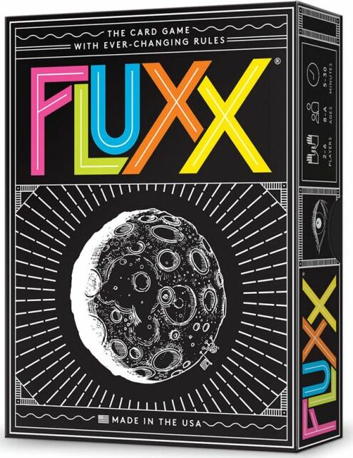 The Fluxx card game by Looney Labs features a vibrant box design showcasing a whimsical illustration of a moon surrounded by intricate doodles. The title 'FLUXX' stands out in bold, colorful letters, highlighting the unique aspect of the game where the rules can change with each play. The packaging is compact and portable, making it easy to enjoy with friends and family, perfect for game nights.