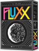 The Fluxx card game by Looney Labs features a vibrant box design showcasing a whimsical illustration of a moon surrounded by intricate doodles. The title 'FLUXX' stands out in bold, colorful letters, highlighting the unique aspect of the game where the rules can change with each play. The packaging is compact and portable, making it easy to enjoy with friends and family, perfect for game nights.