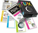 Fluxx card game by Looney Labs featuring vibrant, colorful packaging. The box is partially opened, revealing the game components including various action and goal cards, along with instructions for gameplay. The cards display playful illustrations, such as the moon and other whimsical designs, perfect for family game night or party gatherings.