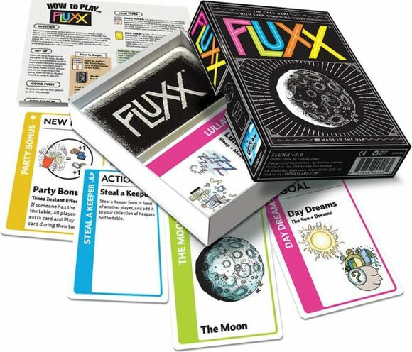 Fluxx card game by Looney Labs featuring vibrant, colorful packaging. The box is partially opened, revealing the game components including various action and goal cards, along with instructions for gameplay. The cards display playful illustrations, such as the moon and other whimsical designs, perfect for family game night or party gatherings.