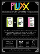 Fluxx card game by Looney Labs, featuring components like Keeper and Goal cards. The game emphasizes ever-changing rules, with 100 cards in total, designed for 2-6 players aged 8 and up, with gameplay lasting 5-30 minutes. New rules and actions add excitement and unpredictability to each session.