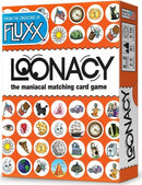 Loonacy by Looney Labs, a vibrant orange box showcasing the title and various illustrated symbols. It features the tagline 'the maniacal matching card game' and is designed for 2-5 players aged 8 and up, with a playtime of about 5 minutes.