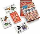 Loonacy card game by Looney Labs featuring colorful cards laid out around its box. The game includes quirky illustrations like a tiger, turtle, and various objects, promoting fast-paced matching fun for all ages.