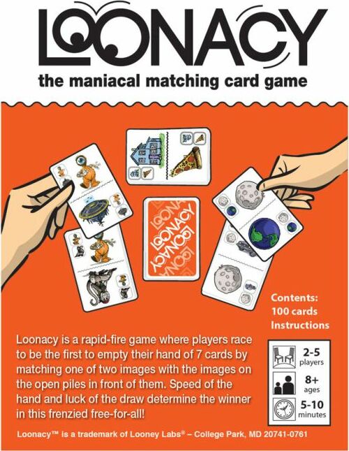 Loonacy is a fast-paced matching card game by Looney Labs suitable for 2-5 players aged 8 and up. The image displays several cards featuring whimsical illustrations of animals, objects, and planets, emphasizing the game's colorful and lively design. Players aim to match images from their hand to those on the table, with contents including 100 cards and instructions.