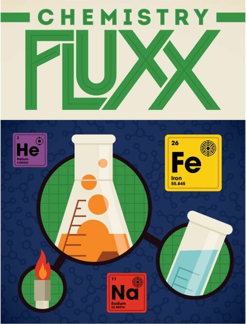 Chemistry Fluxx game by Looney Labs features a colorful design with periodic table elements like Helium, Iron, and Sodium, alongside lab beakers and a flame, symbolizing science and fun gameplay. Ideal for chemistry enthusiasts and families.