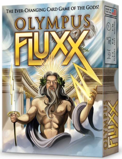 Olympus Fluxx game box featuring a muscular, bearded figure resembling a Greek god, holding lightning bolts with a grand temple backdrop. The vibrant cover highlights the title 'Olympus Fluxx' and indicates it is an ever-changing card game for 2-6 players, suitable for ages 8 and up.