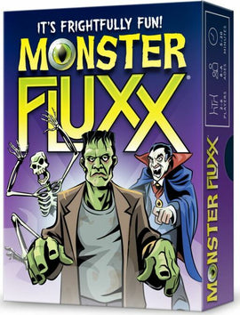 The box of the card game 'Monster Fluxx' by Looney Labs features colorful cartoon characters including a Frankenstein-like monster, a skeleton, and a vampire, all set against a purple background. The text on the box reads 'It's Frightfully Fun!' with bold green and yellow lettering.