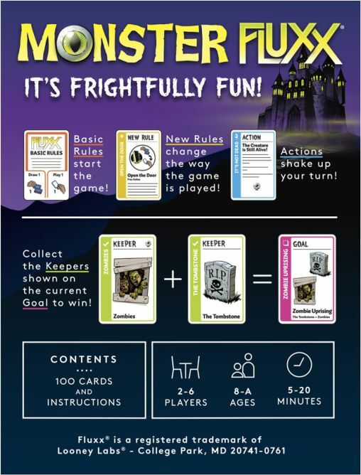 Monster Fluxx board game by Looney Labs features quirky rules and collectible cards. The game includes 100 cards and instructions, suitable for 2-6 players aged 8 and up. Gameplay involves collecting Keepers to achieve goals, with dynamic rules that change how the game is played.