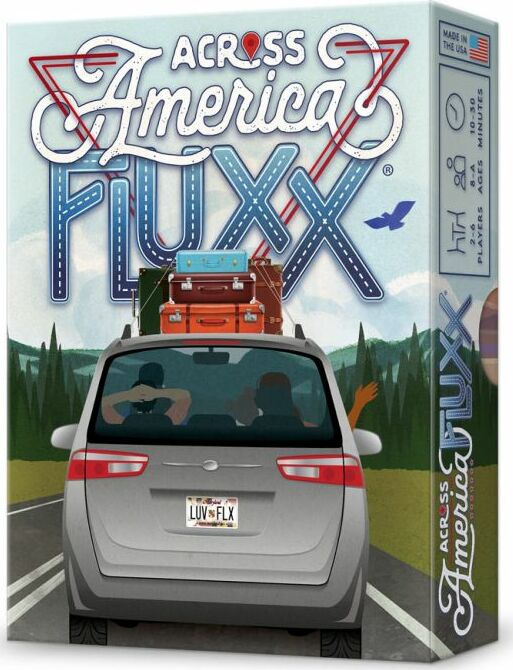 The Across America Fluxx game by Looney Labs, featuring a colorful box design depicting a car packed with luggage, driving on a scenic road. The game is suitable for 2 to 6 players and offers unpredictable fun with changing rules and goals during play.