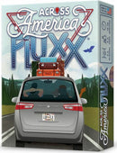 The Across America Fluxx game by Looney Labs, featuring a colorful box design depicting a car packed with luggage, driving on a scenic road. The game is suitable for 2 to 6 players and offers unpredictable fun with changing rules and goals during play.