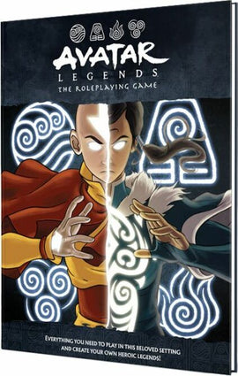 The cover of the Avatar Legends RPG: Core Book by Magpie Games features two central characters, one with a yellow outfit and the other in a blue and white ensemble, each displaying their elemental powers. The background includes intricate swirling patterns, adding a mystical touch. The title 'Avatar Legends' is prominently displayed at the top, emphasizing the roleplaying aspect of the game.