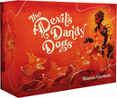 The Devil's Dandy Dogs game box featuring striking artwork of a figure commanding fiery, phantom-like dogs. The vibrant red background enhances the fantastical theme, while the artistic design evokes intrigue and adventure.
