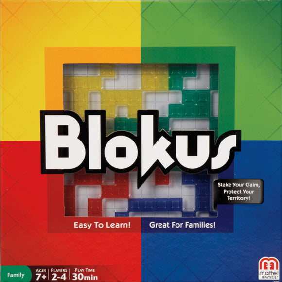 Blokus board game box featuring a colorful grid layout with yellow, green, blue, and red sections. The title 'Blokus' is prominently displayed in bold, playful lettering. The box states 'Easy To Learn!' and 'Great For Families!' along with details indicating suitable ages, number of players, and average playtime.