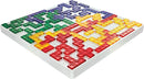 A colorful Blokus board game set by Mattel featuring interlocking geometric pieces in red, green, blue, and yellow. The game board is designed with a grid layout, highlighting various shapes and placements of pieces.