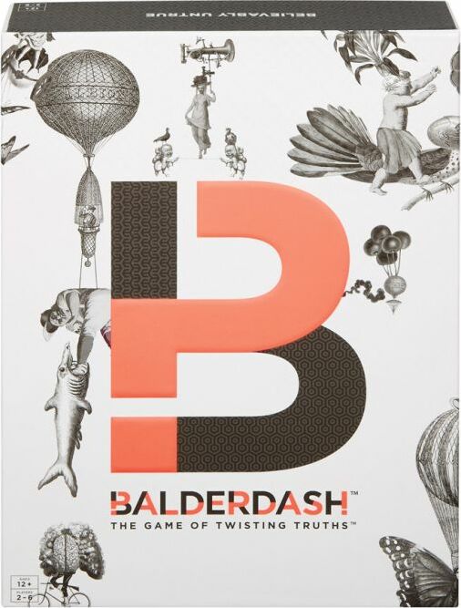 The Balderdash game box by Mattel features a prominent orange 'B' logo against a whimsical black-and-white illustration background. The box is designed for 2-8 players, featuring intriguing images that hint at playful deception and creativity, suitable for ages 12 and up. The tagline 'The Game of Twisting Truths' suggests a fun and engaging experience in this unique party game.