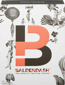 The Balderdash game box by Mattel features a prominent orange 'B' logo against a whimsical black-and-white illustration background. The box is designed for 2-8 players, featuring intriguing images that hint at playful deception and creativity, suitable for ages 12 and up. The tagline 'The Game of Twisting Truths' suggests a fun and engaging experience in this unique party game.