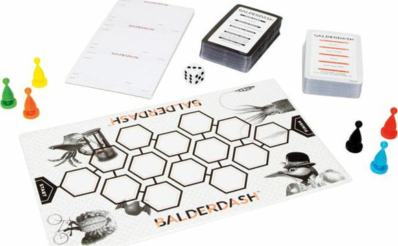 Balderdash board game by Mattel featuring a game board, colorful player pieces, dice, and cards. The board displays a hexagonal layout for gameplay, while the cards contain definitions for players to guess. Perfect for family game night.