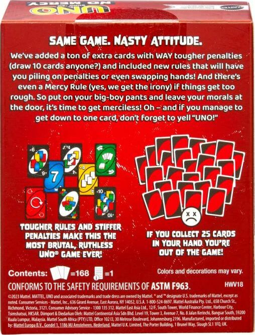 Back cover of Uno Show 'em no mercy game by Mattel, showcasing the game's rules and components. Features vivid illustrations of the cards and text highlighting tougher penalties and the Mercy Rule, emphasizing a competitive gameplay experience.