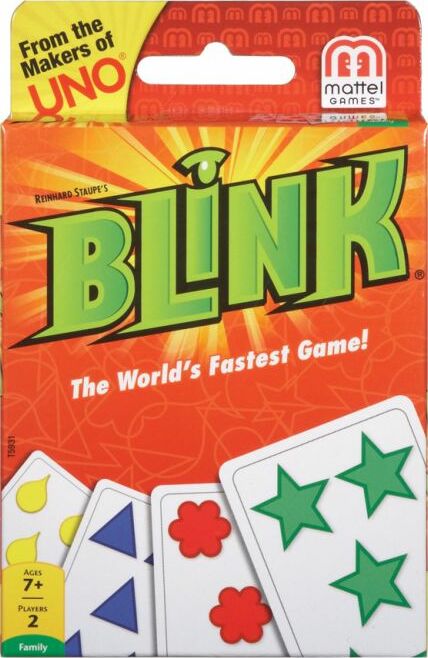 The Blink card game by Mattel features a vibrant orange packaging with bold green letters spelling 'BLINK'. The tagline 'The World's Fastest Game!' is prominently displayed. The box showcases colorful cards with various shapes, including stars, flowers, and squares, appealing to a family audience and suitable for ages 7 and up. Perfect for quick and fun competitive play with 2 players or more.