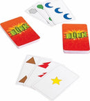 The game Blink by Mattel is displayed, showcasing two stacks of cards in vibrant red packaging labeled 'BLINK' and several cards featuring various shapes and colors. The game emphasizes fast-paced gameplay, challenging players to match cards rapidly based on attributes.