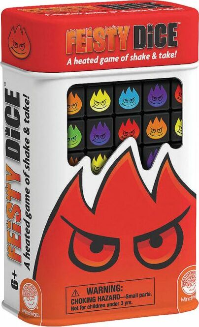 Fiesty Dice by MindWare is a fun and exciting game suitable for ages 6 and up. The colorful packaging features a flame design and contains various vibrant dice, designed for a heated game of shake and take. Ideal for family game nights or gatherings, it promises fast-paced, competitive fun with friends and family.